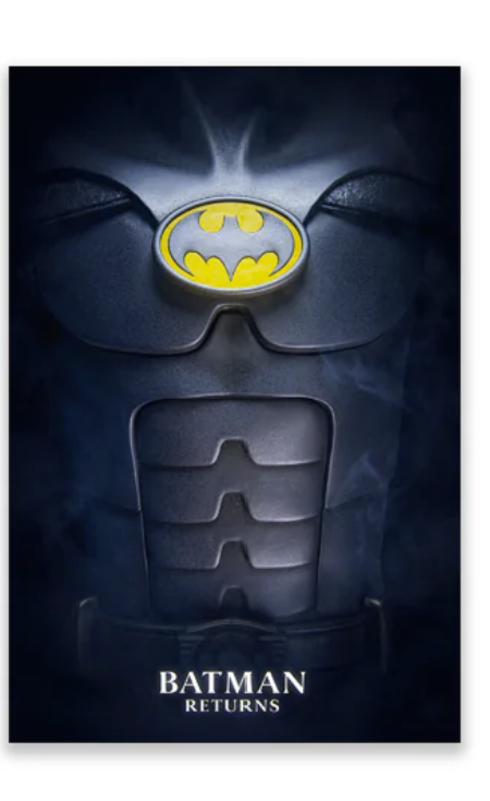 Batman Returns Bottleneck Gallery Poster — yellow oval emblem on Keaton Batsuit armor